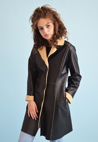 90'S RETRO FAUX LEATHER PATCHWORK MOMS TRENCH JACKET COAT