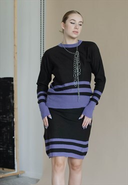 Vintage 80s Long Sleeve RoundNeck Purple Stripe Skirt Suit S