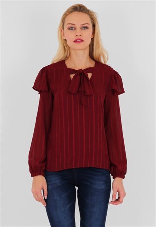 BOW TIE NECK LONG BALLON SLEEVE BLOUSE