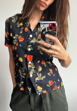 Navy Floral Summer Short Sleeve Buttoned Blouse Shirt S M