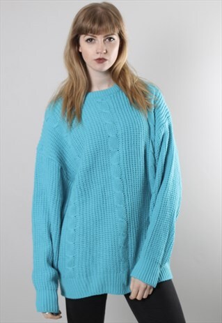 VINTAGE 80S BLUE CABLE KNIT OVERSIZE JUMPER