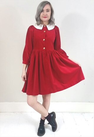 VINTAGE 90'S RED VELVET SMOCK DRESS W/ LACE COLLAR