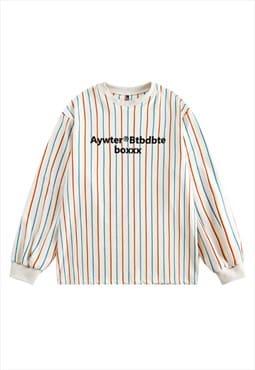 Vertical stripe sweatshirt preppy college jumper off white