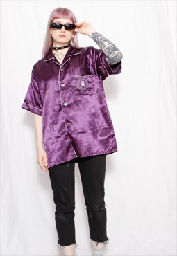 90s grunge y2k Eastern purple satin floral kimono shirt top