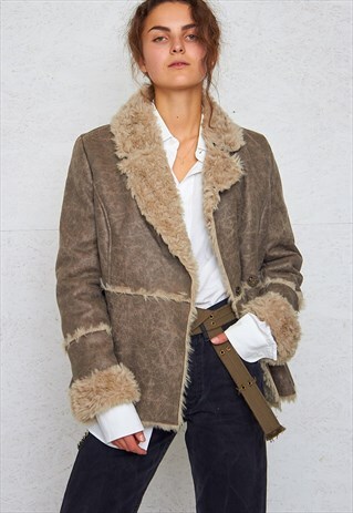 VINTAGE GREY FAUX FUR LEATHER SHEARLING SHERPA JACKET