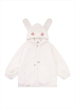 Rabbit hood fleece fluffy anime winter bomber jacket white