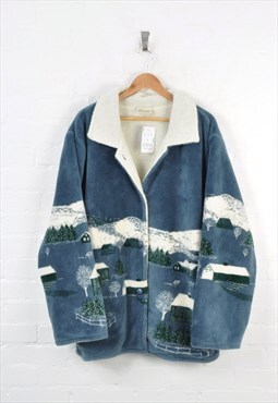 Vintage Fleece Coat Winter Print Blue Ladies XXXL