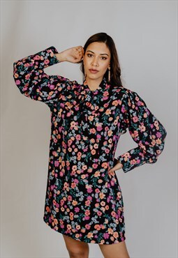Multi floral print bow tie oversized long sleeve mini dress