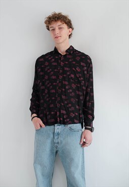 Vintage Long Sleeve Abstract Printed Men Shirt M