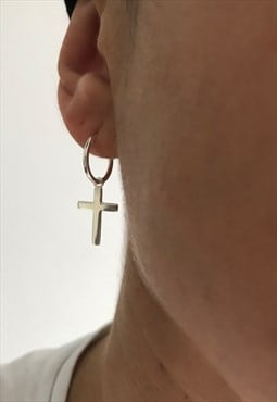 Solid Silver Simple Cross Hoop Huggie Earring for men