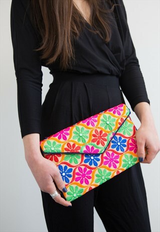 ENVELOPE SHOULDER FABRIC BAG WITH FLORAL & MIRRORWORK DESIGN