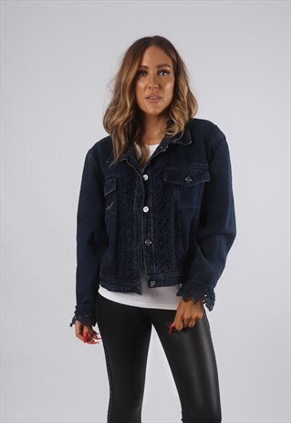 VINTAGE DENIM JACKET OVERSIZED CROTCHET UK 14 LARGE (82G)
