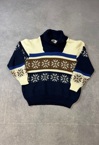 VINTAGE KNITTED JUMPER ABSTRACT PATTERNED GRANDAD SWEATER