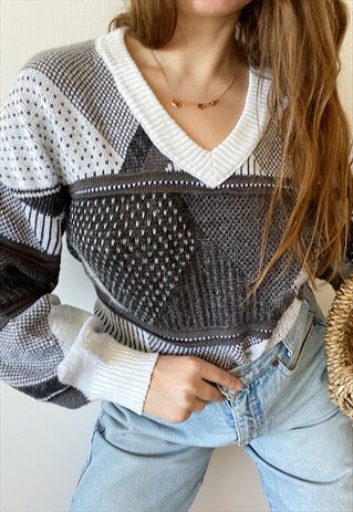 VINTAGE 80S ABSTRACT PATTERN KNIT UNISEX JUMPER SWEATER