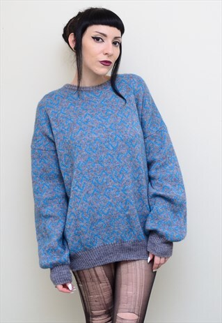 VINTAGE 90'S RETRO FUNKY BLUE PATTERNED CHUNKY JUMPER