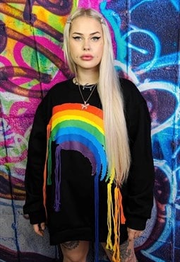Rainbow sweatshirt Y2K reworked thread patch top in black