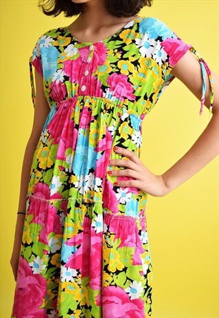 CUTE VINTAGE 80'S RETRO FLORAL PATTERN SMOCK MIDI DRESS