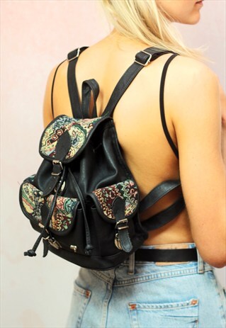 1990S VINTAGE FAUX LEATHER TAPESTRY DETAIL BLACK BACKPACK