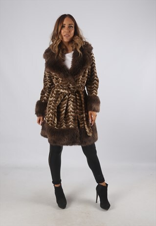 VINTAGE FAUX FUR COAT JACKET MID LONG PATTERNED (9BJ)