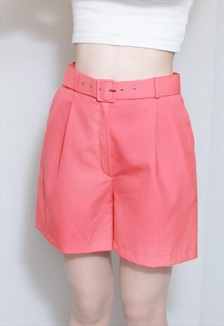 VINTAGE 1990'S HIGH WAISTED BELTED PINK WOOL SHORTS