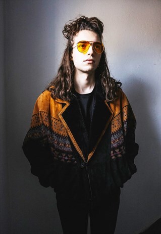 VINTAGE ETHNIC PATTERNED SUEDE SHERPA JACKET