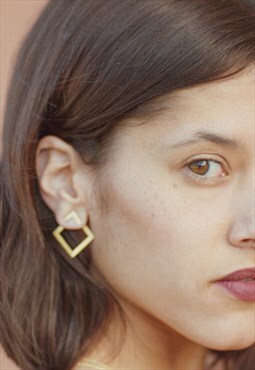 18k Gold Square Boho Stud Earrings Everyday Unique Design