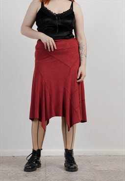Vintage 90s Handkerchief Solid Red Midi High Waisted Skirt 