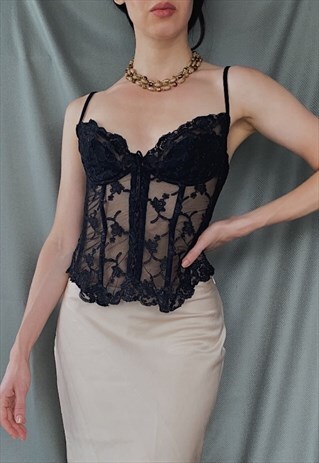90s Vintage EXILIA black lace cupped corset 40A/38B/36C