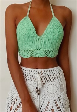 Elvinia Mint Green Crochet festival tie back crop top 