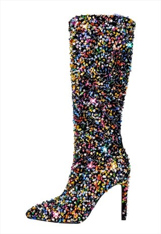 SEQUINS POINTED TOE STILETTO KNEE BOOTS