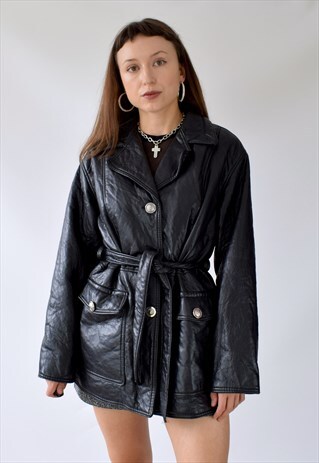 VINTAGE 80S-90S VEGAN FAUX LEATHER BELTED MID LENGTH COAT