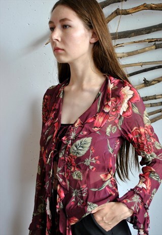 VINTAGE RED RUFFLED BLOUSE, 90S FLORAL LACE SHIRT