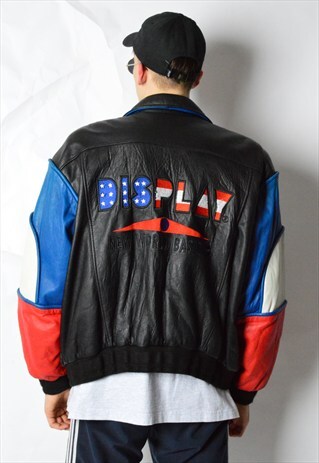 VINTAGE 80S COLOUR BLOCK EMBROIDERED LEATHER JACKET