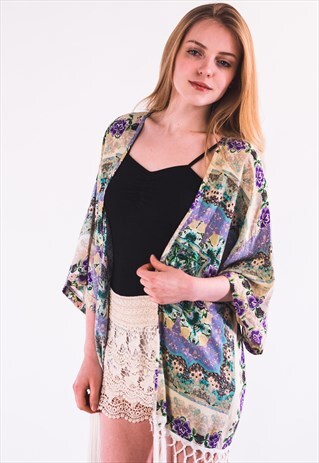 FLORAL PRINT FRINGE KIMONO CARDIGAN TOP
