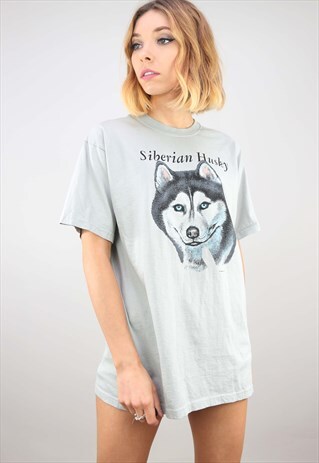 VINTAGE OVERSIZED HUSKY ANIMAL GRAPHIC PRINT T-SHIRT