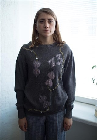 VINTAGE 80'S GREY PATTERNED JUMPER