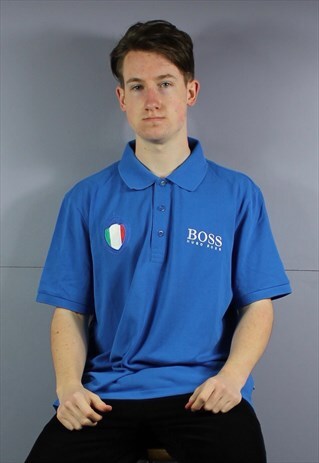 VINTAGE HUGO BOSS POLO SHIRT IN BLUE WITH ITALIAN EMBROIDERE