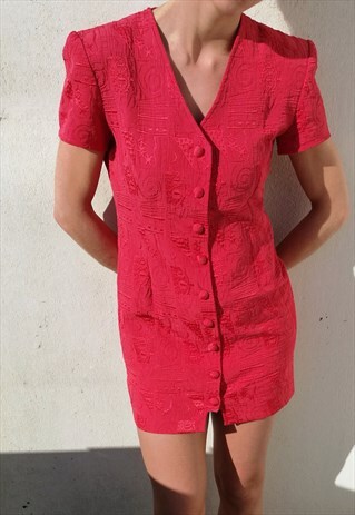 VINTAGE 90S EMBROIDERED MINI COTTON MIX DRESS IN CORAL