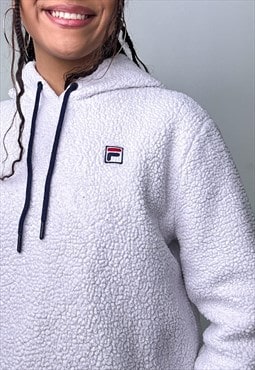 White 90s FILA Sherpa Fleece Hoodie Sweatshirt