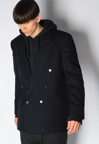 VINTAGE 90S NAVY BLUE STRIPED MINIMALIST WOOL BLAZER