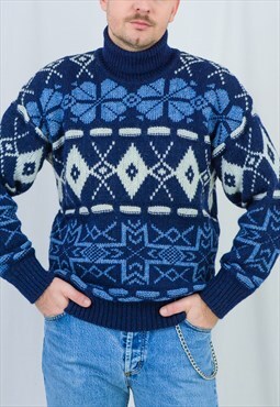 Norwegian sweater blue wool jumper turtle neck nordic M/L