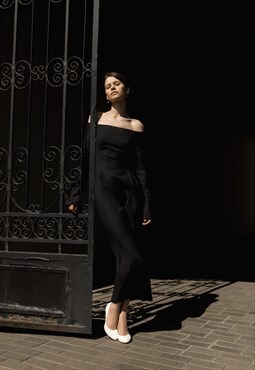 Wool blend slip midi dress in black