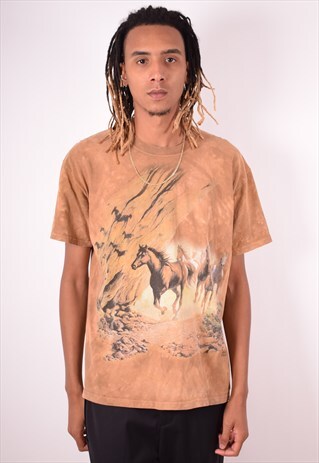 MENS VINTAGE T-SHIRT TOP LARGE BROWN 90S