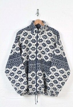 Vintage Fleece Jacket Retro Pattern Blue XL