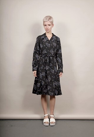 VINTAGE 70'S FLORAL PRINT PLEATED MIDI SHIRT DRESS