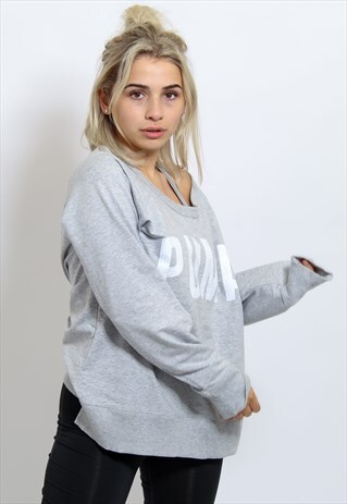 VINTAGE PUMA SCOOP NECK SPELL OUT SWEATER GREY LARGE