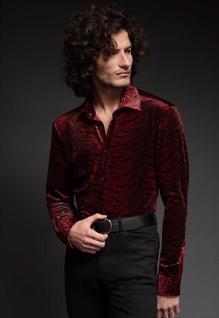 MENS RED ZEBRA PRINT SKULL BUTTON DIABLO SHIRT