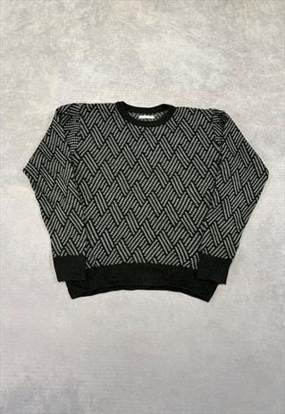 VINTAGE KNITTED JUMPER ABSTRACT PATTERNED GRANDAD SWEATER