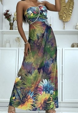 Tropical strapless maxi dress with rhinestones