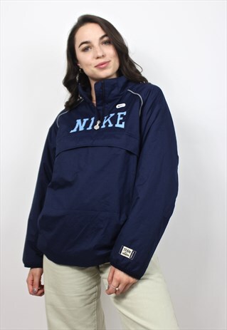 90'S RETRO NAVY SPELL-OUT PADDED 1/4 ZIP JACKET